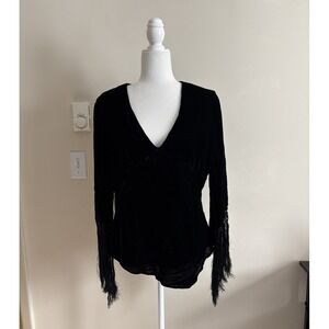 Vintage Whimsigoth Velvet Fringe Top V Neck Carole Little XL 90s 2000s Witchy